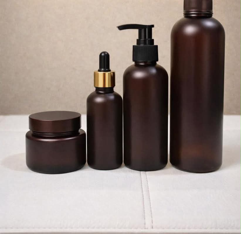 Premium Amber Cosmetic Packaging Set | Dropper Bottle, Pump Bottle & Cream Jar
