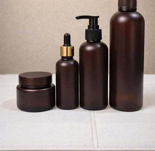 Premium Amber Cosmetic Packaging Set | Dropper Bottle, Pump Bottle & Cream Jar